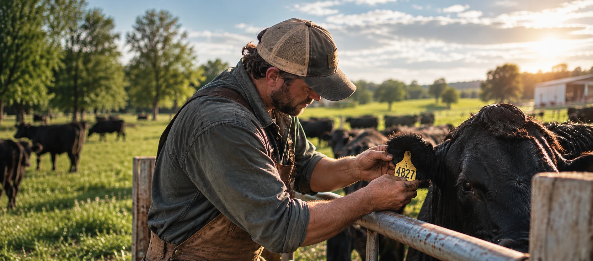 Farmer checking identification on cattle in pasture.