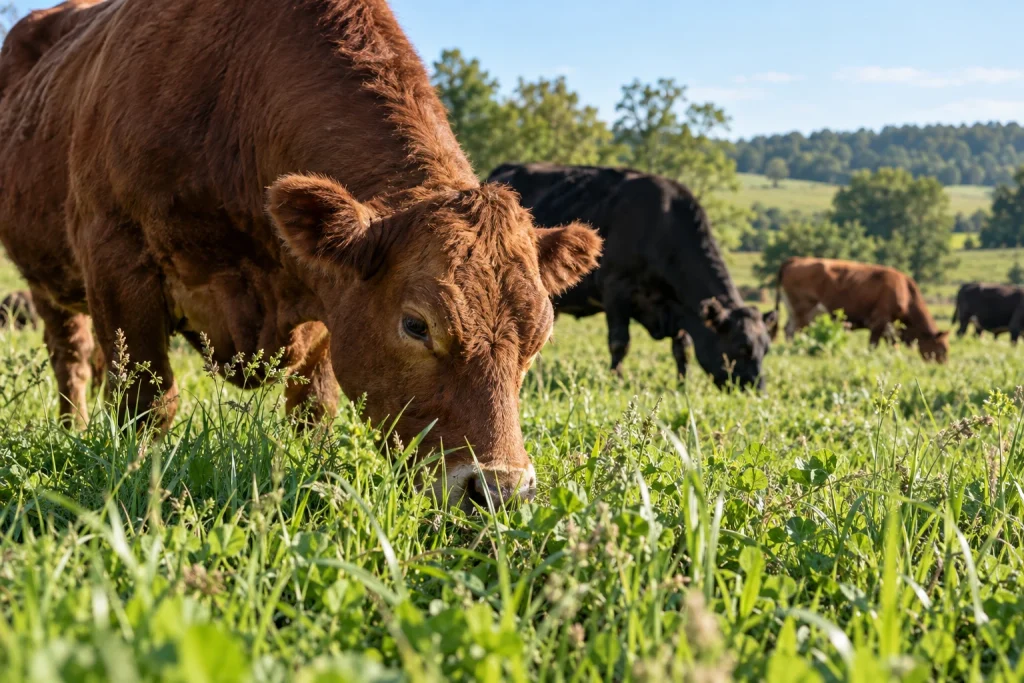 A brown cow grazing in a pasture, with other cattle behind it.