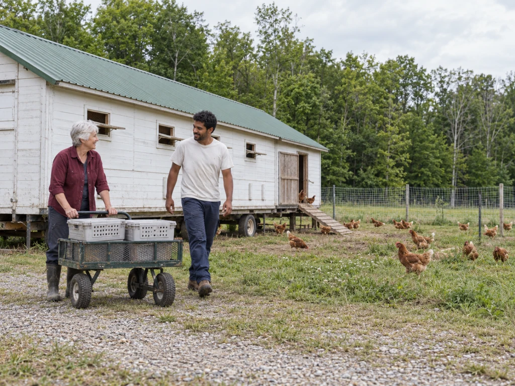 Illustrative scene of two farm workers beside an egg-collection cart and a mobile hen house.