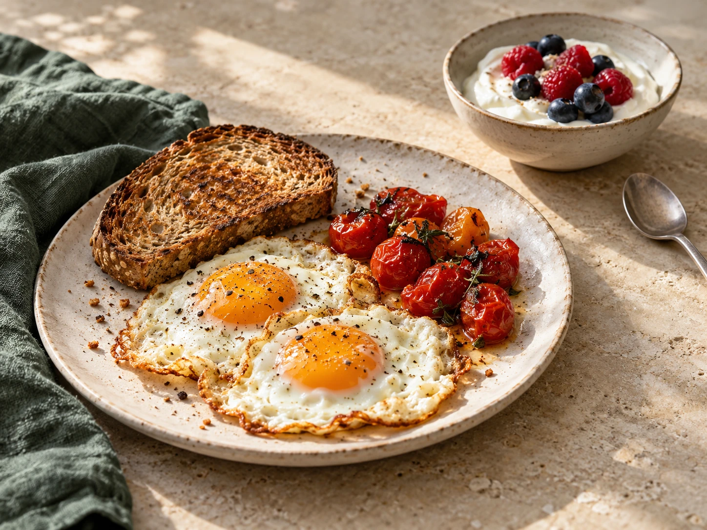 Fried eggs, whole-grain toast and roasted tomatoes beside a bowl of yogurt with berries.