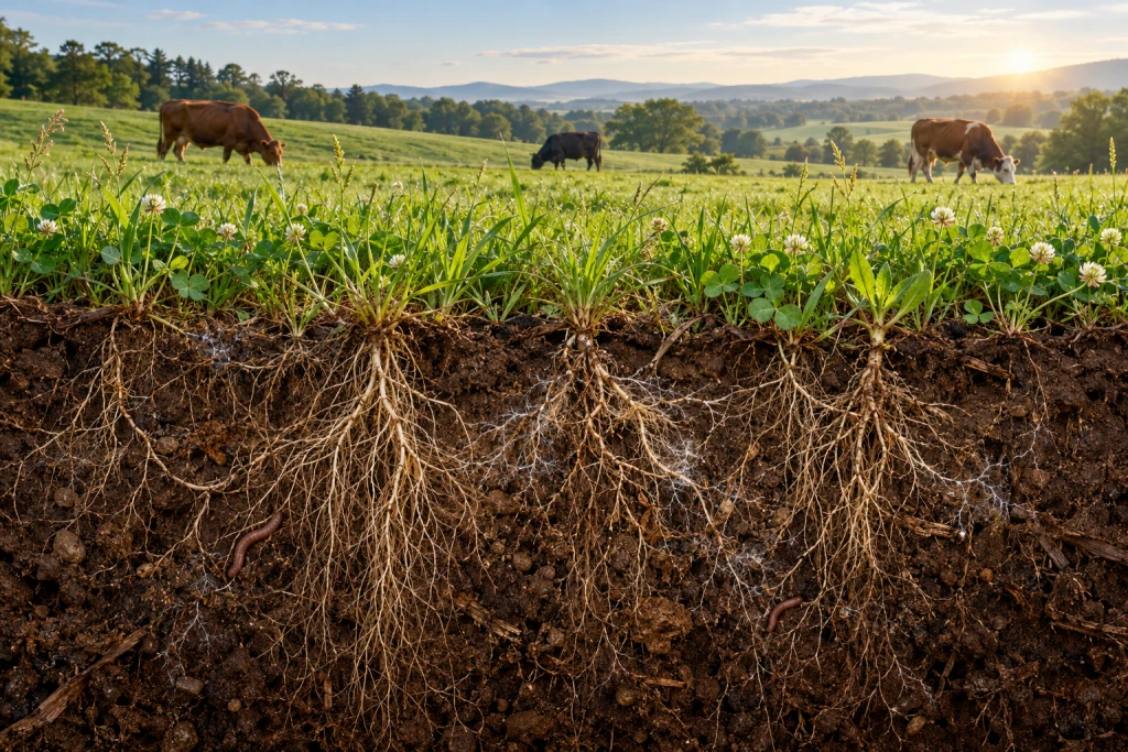Illustration of pasture above a soil cutaway with roots, earthworms and enlarged soil-life details.