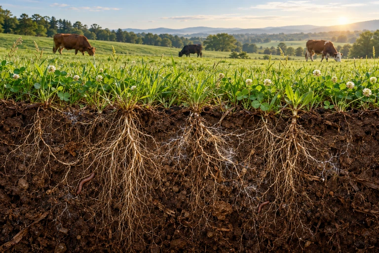 Concept illustration of pasture above a cutaway showing roots and soil life.