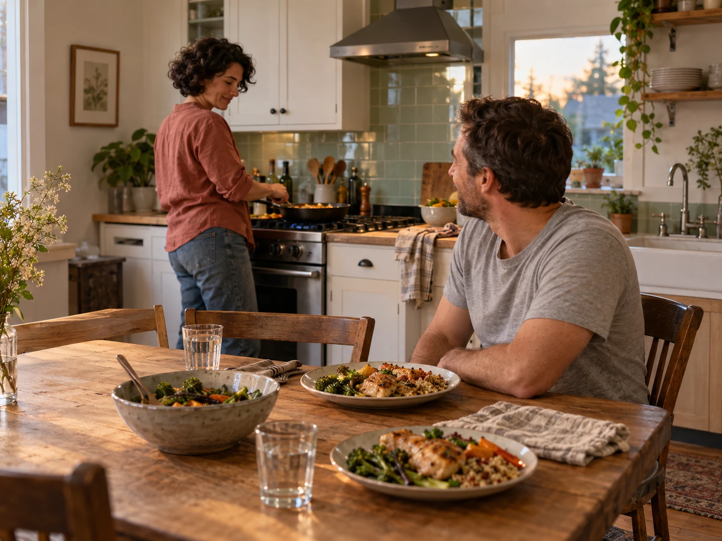 Illustrative scene of two people preparing and sharing a meal in a home kitchen.