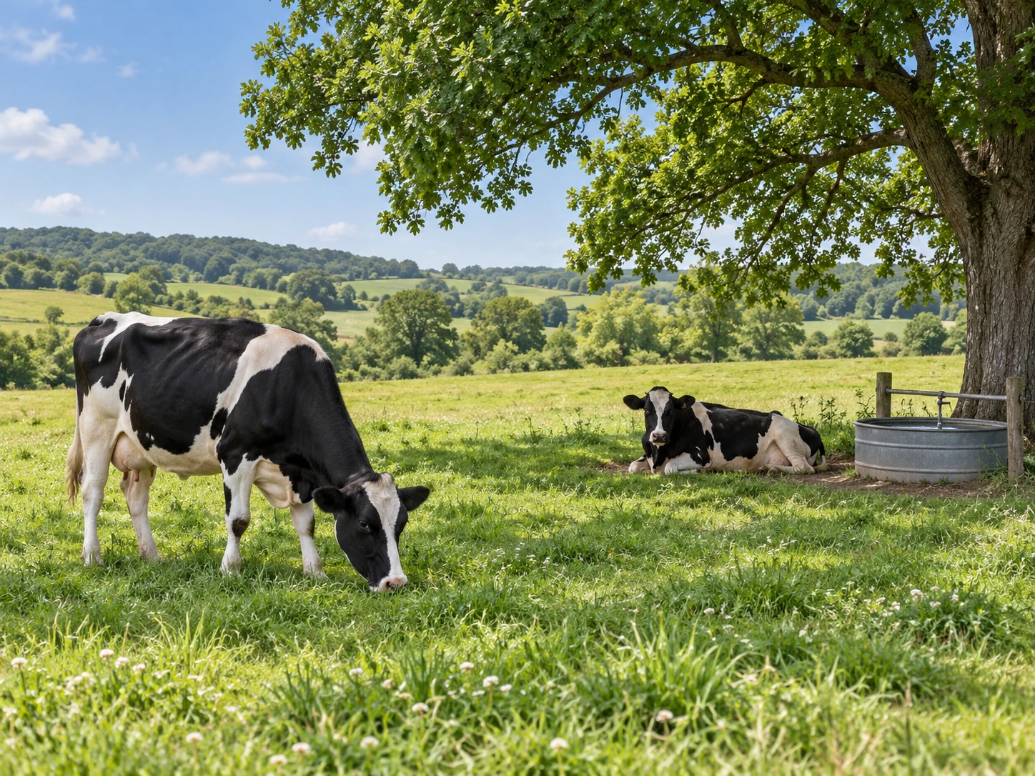 Illustrative scene of dairy cows grazing and resting near tree shade and a water trough.