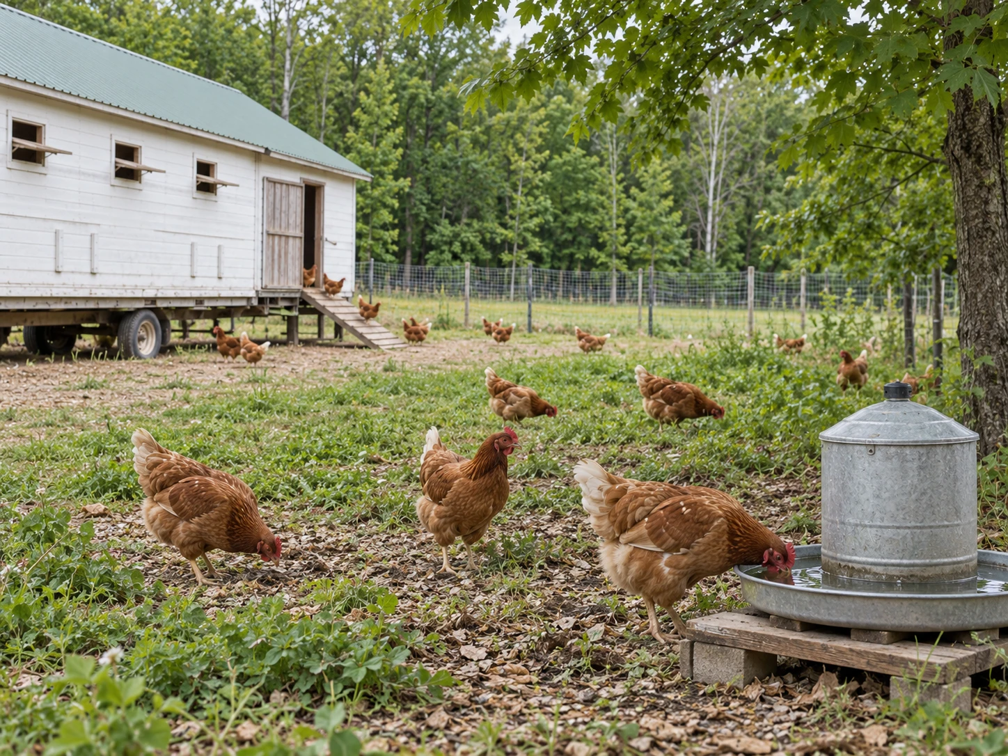 Illustrative scene of brown hens drinking and foraging near a mobile hen house and tree shade.
