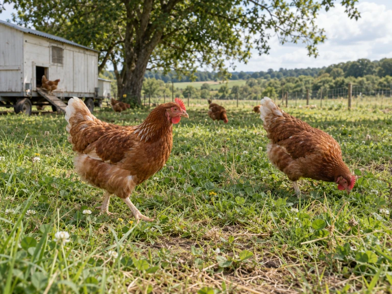 Brown hens foraging among grass and clover, with a mobile hen house in the background.
