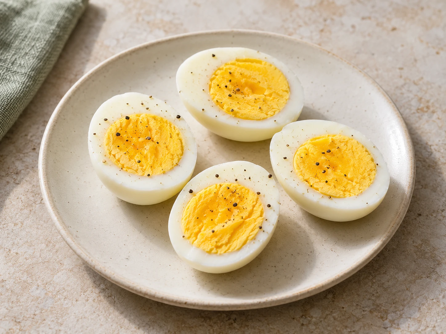 Two hard-boiled eggs cut into four halves on a ceramic plate.
