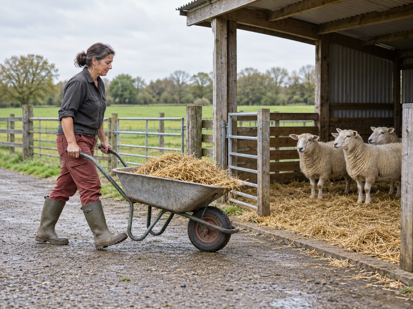 Illustrative scene of a person pushing a wheelbarrow of bedding beside sheep at a farm shelter.