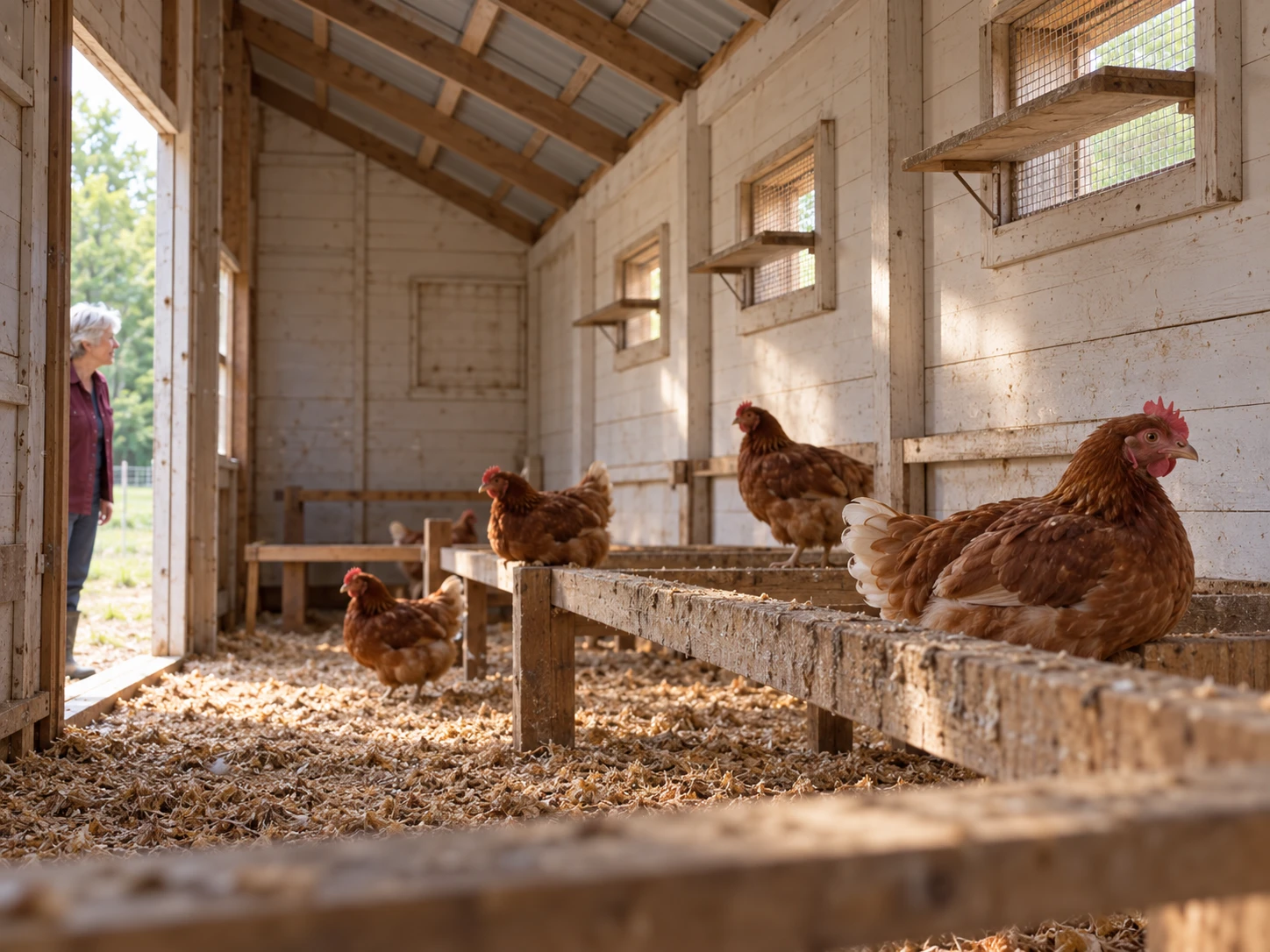 Brown hens on wooden perches inside a hen house, with a farmer at the open doorway.