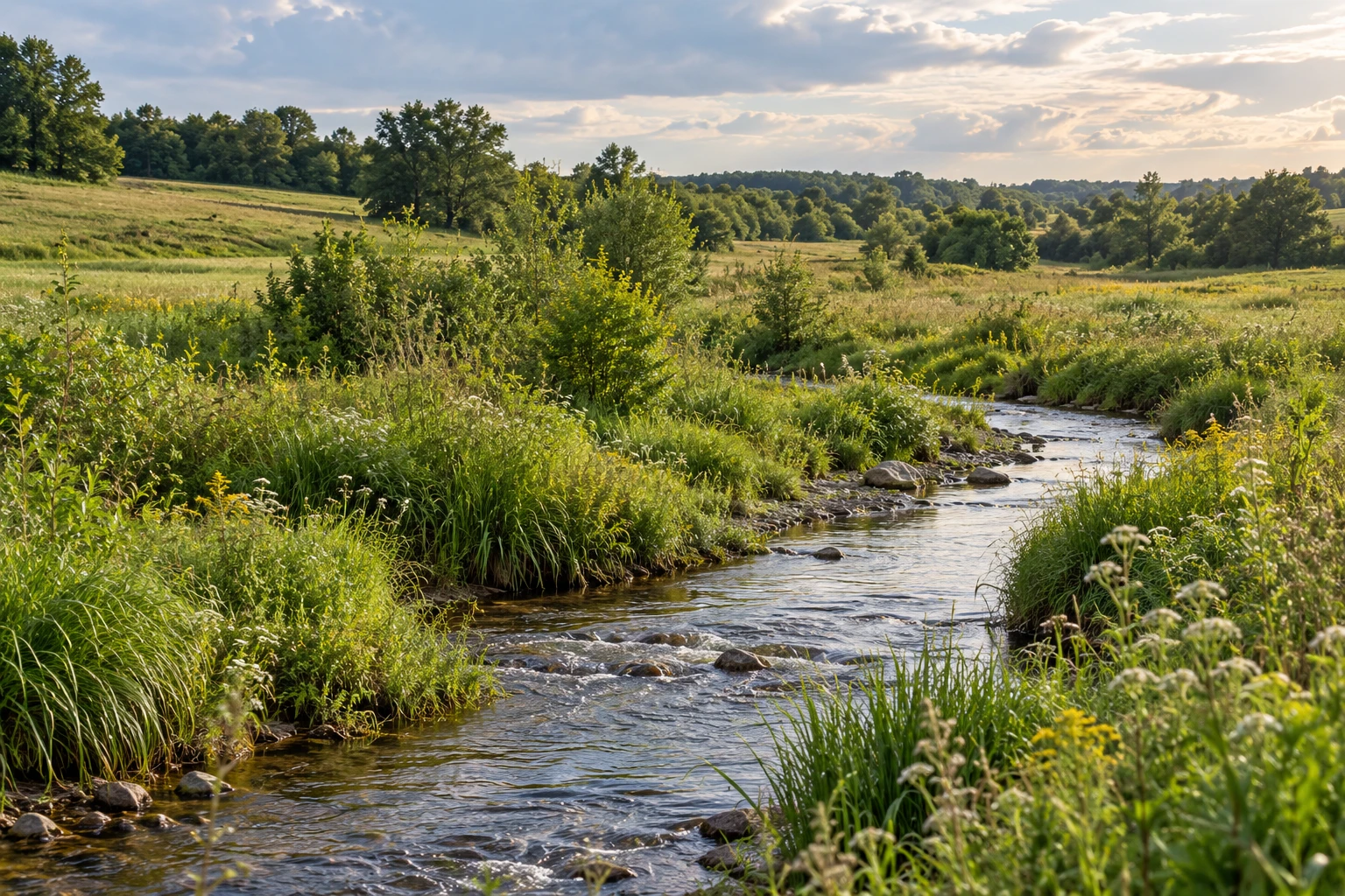 Illustrative landscape of a creek bordered by varied grasses, wildflowers and shrubs beside a pasture.