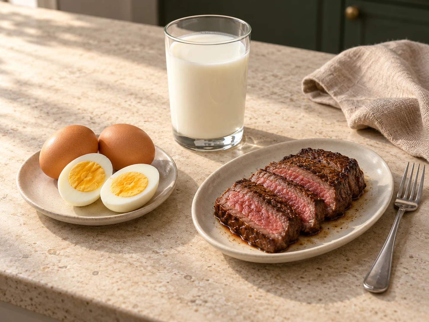 Brown eggs and a halved boiled egg, a glass of milk, and sliced cooked beef arranged on a kitchen counter.