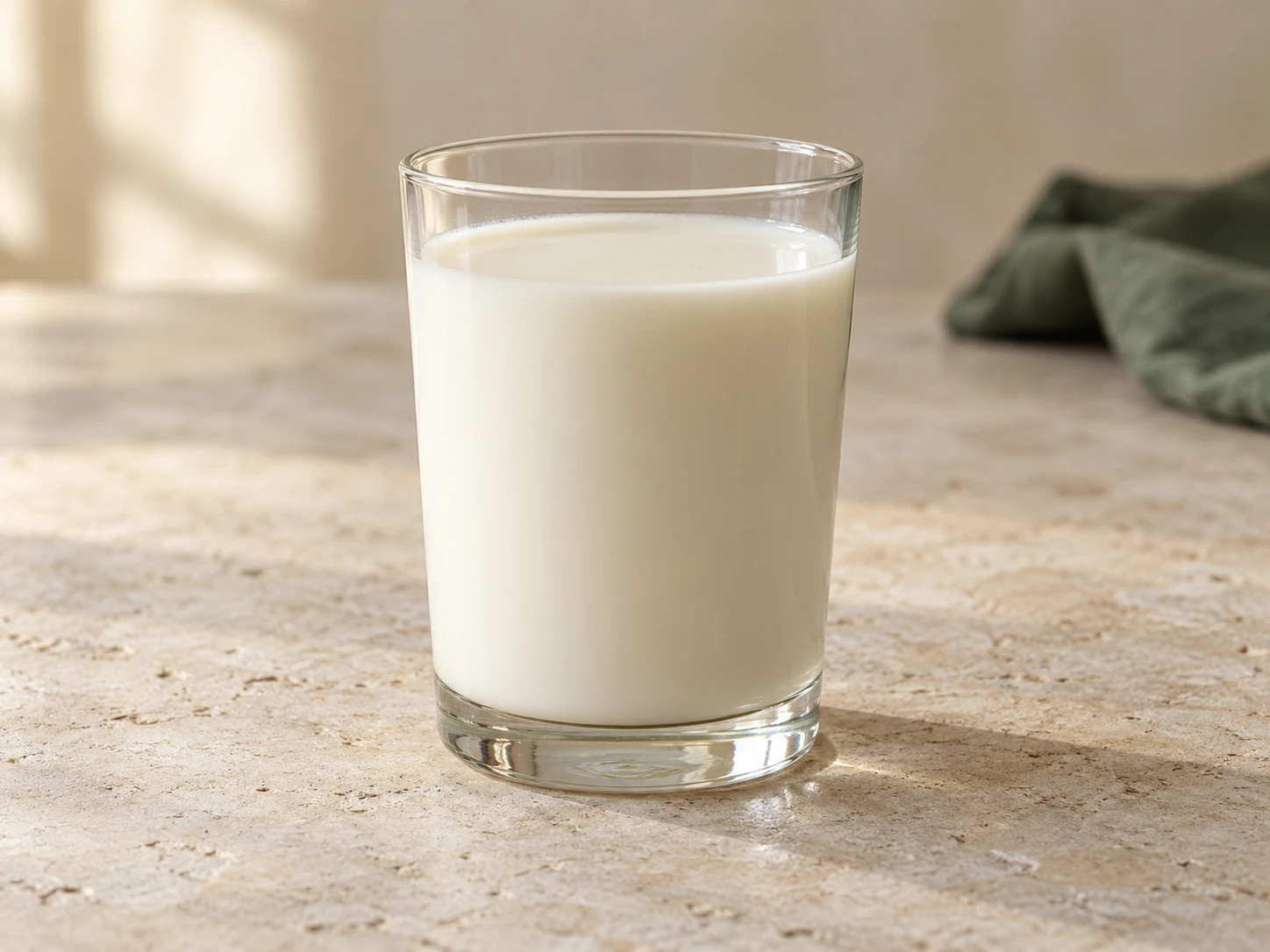 A clear drinking glass of milk on a stone tabletop.