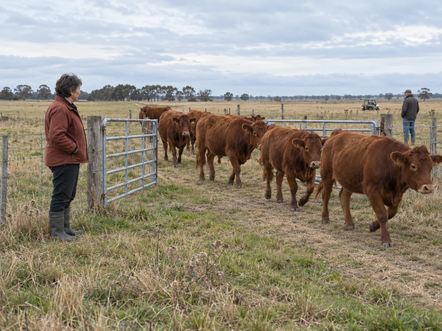 Illustrative scene of farm workers observing beef cattle moving through a pasture gate.