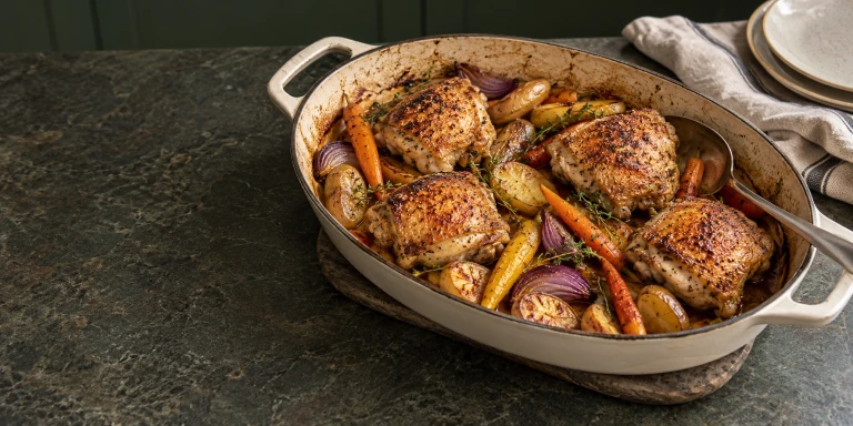 Golden roasted chicken thighs with potatoes, carrots and onions in a roasting dish.