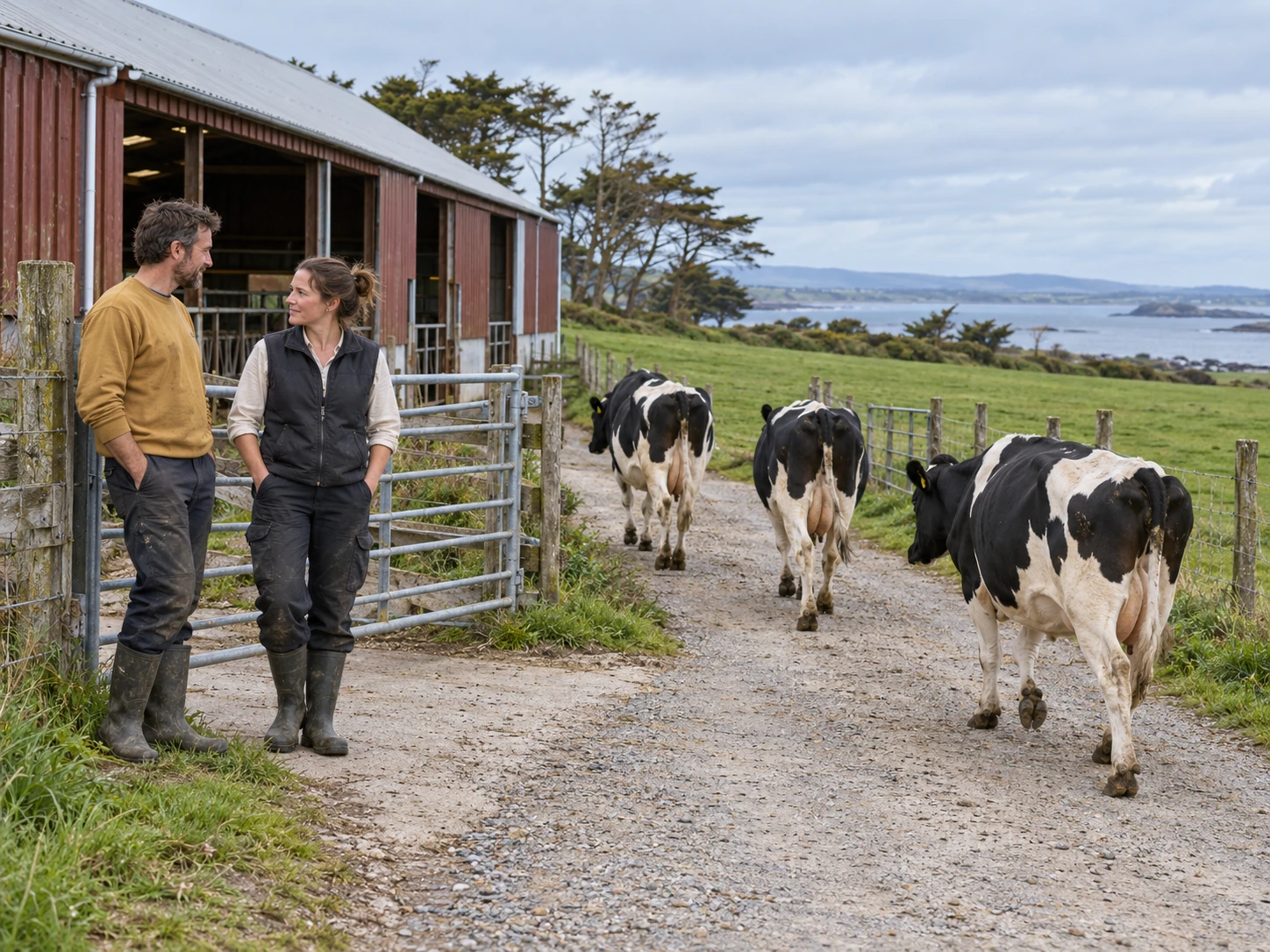 Two farmers beside a barn while dairy cattle walk along a lane toward pasture.