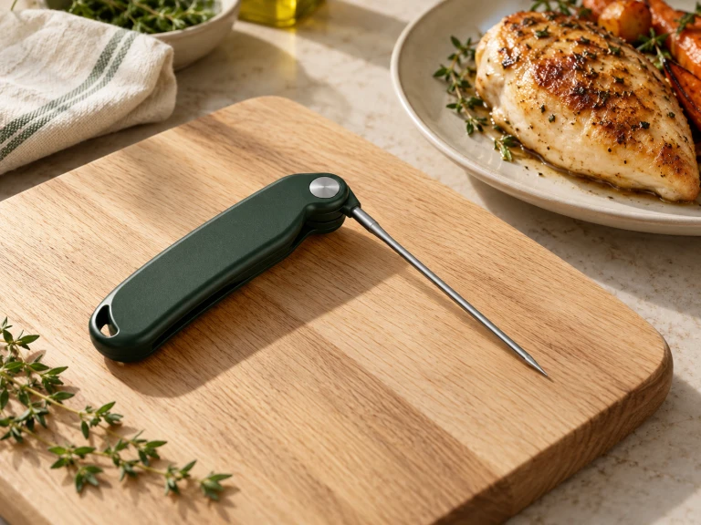 A folding food thermometer resting open on a wooden board beside a plate of cooked chicken.