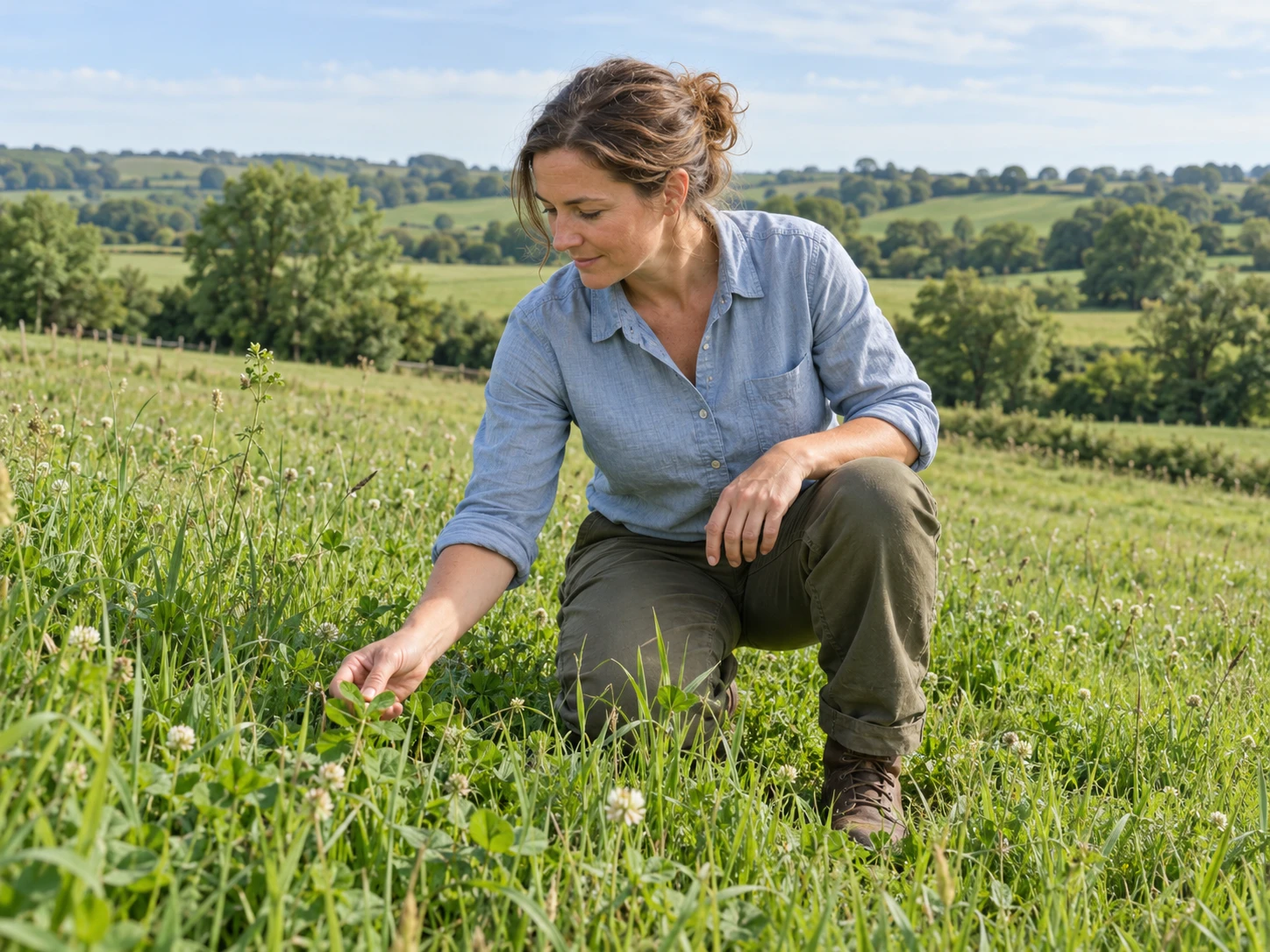 Illustrative image of a farmer inspecting pasture growth.