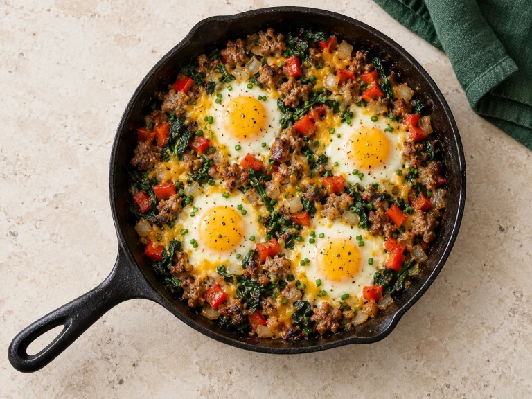 Four eggs with crumbled sausage, spinach, red pepper and melted cheddar in a cast-iron skillet.