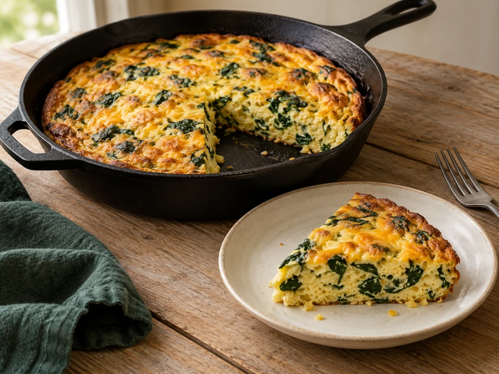 Spinach and cheddar frittata in a skillet, with a cut wedge served on a cream plate.