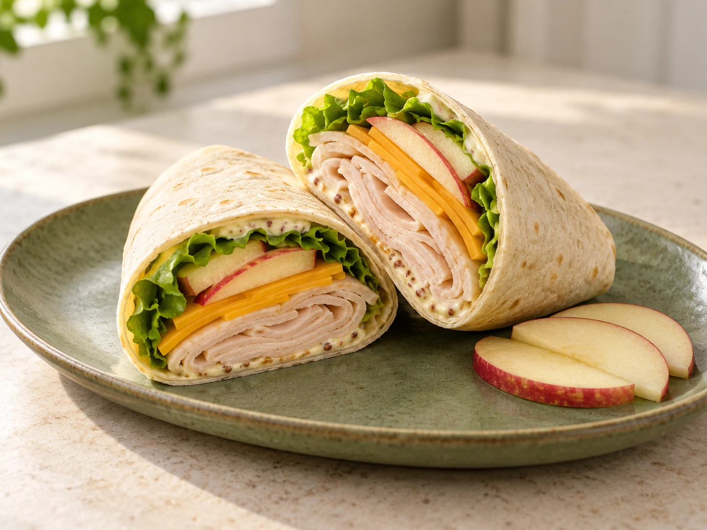 Turkey, cheddar, apple and lettuce wraps cut in half on a green plate.
