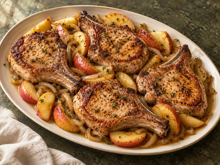 Seared bone-in pork chops with apple wedges, onions and thyme on an oval platter.