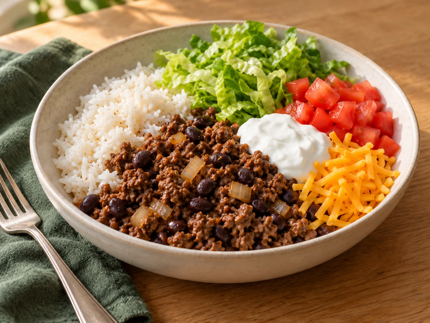 Rice bowl with ground beef, black beans, lettuce, tomatoes, cheddar and yogurt sauce.