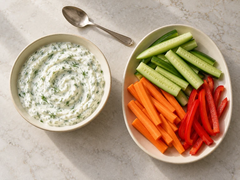 Greek yogurt dip with dill and chives beside cucumber, carrot and red pepper sticks.
