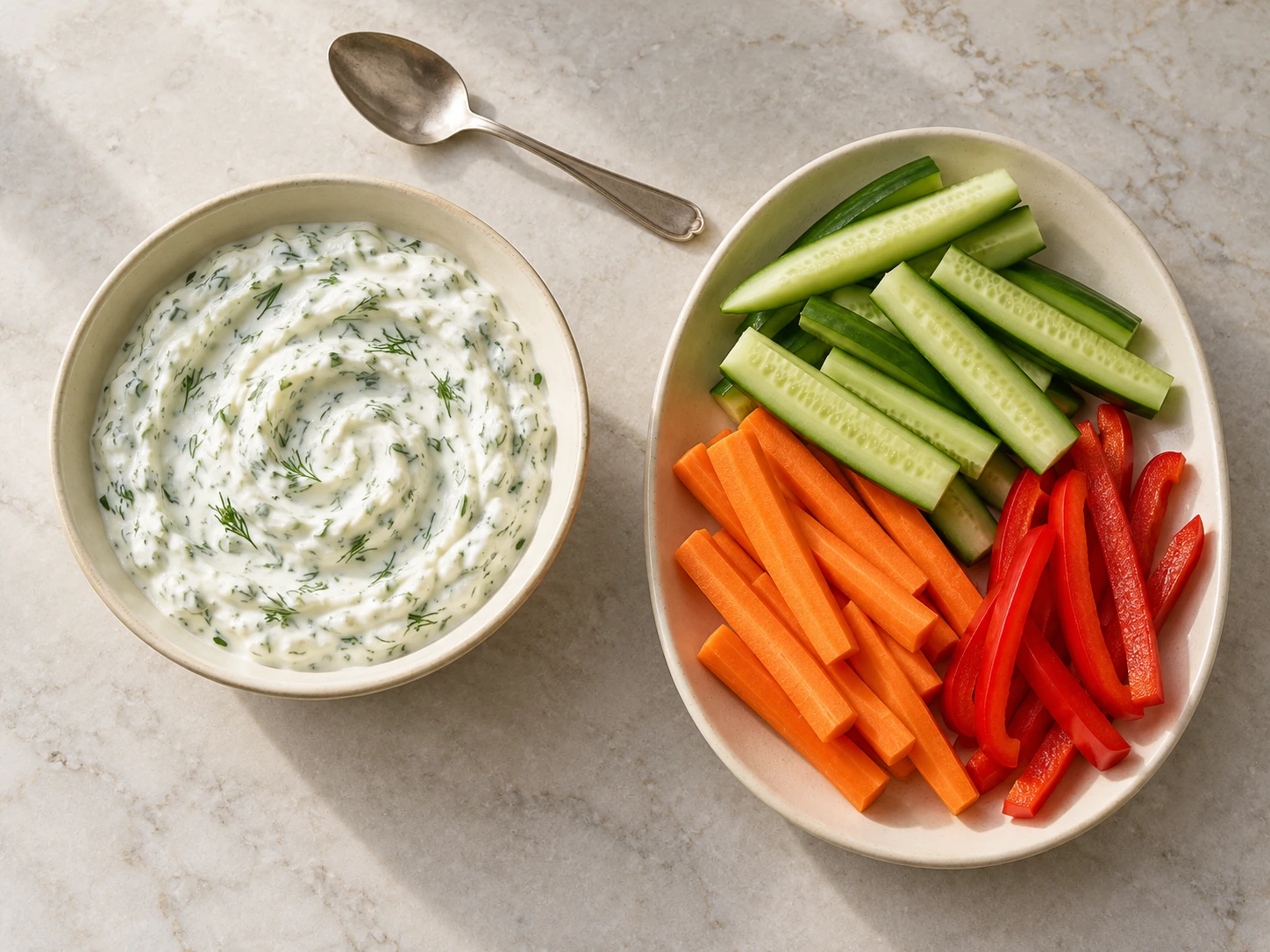 Greek yogurt dip with dill and chives beside cucumber, carrot and red pepper sticks.