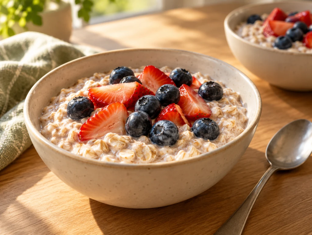 Creamy overnight oats topped with blueberries and sliced strawberries.