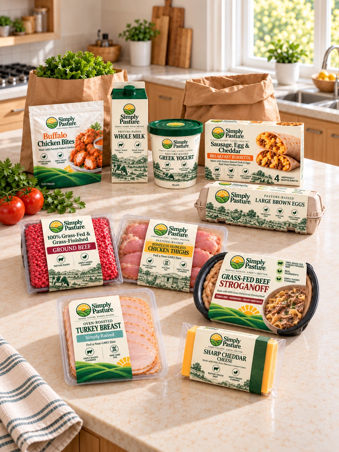 Simply Pasture meat, eggs, dairy, deli, breakfast, snacks and prepared meals unpacked beside paper grocery bags on a kitchen island.