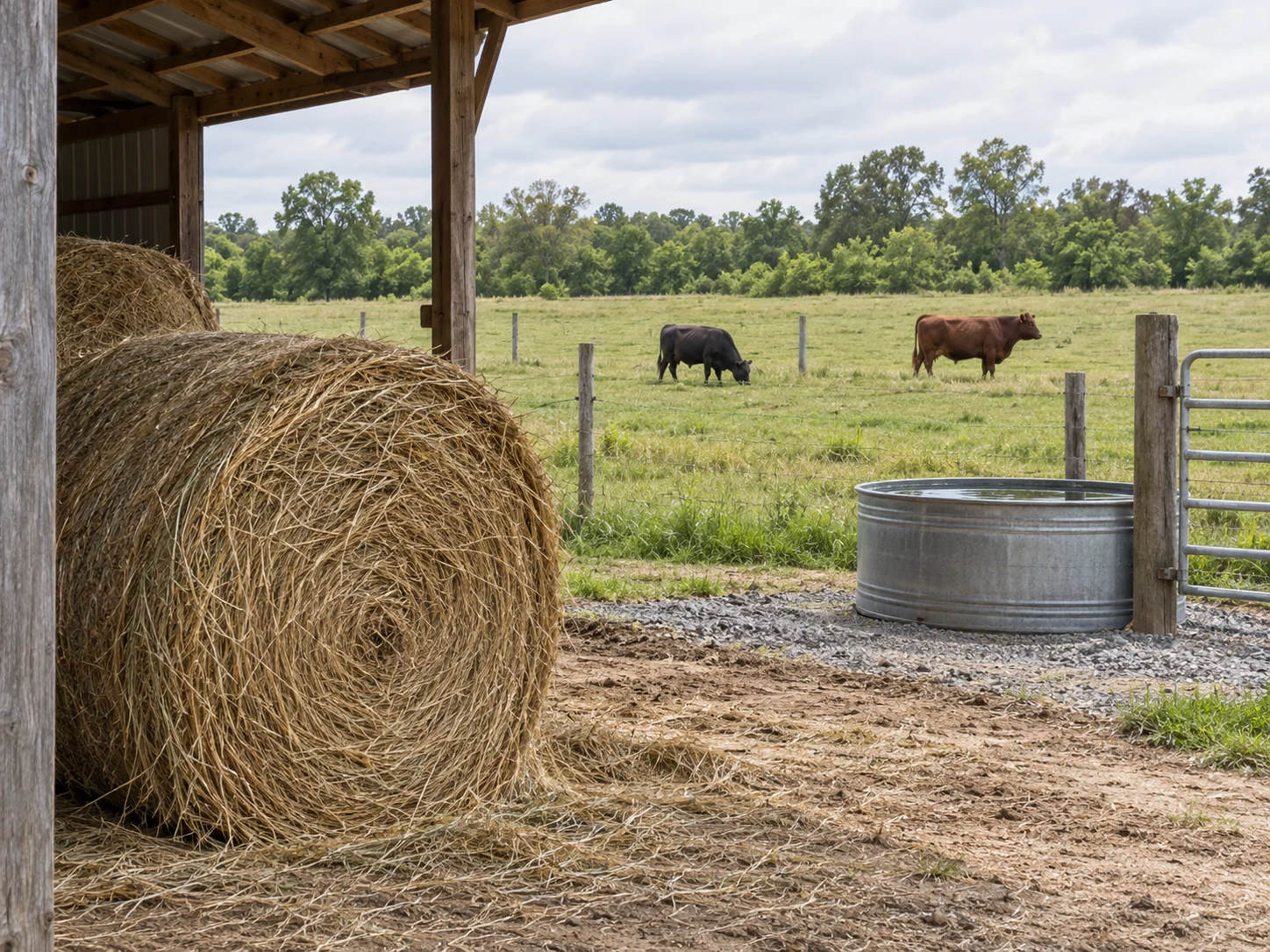 Illustration of hay bales under a farm shed, a water trough and fencing, with two beef cattle on pasture beyond.