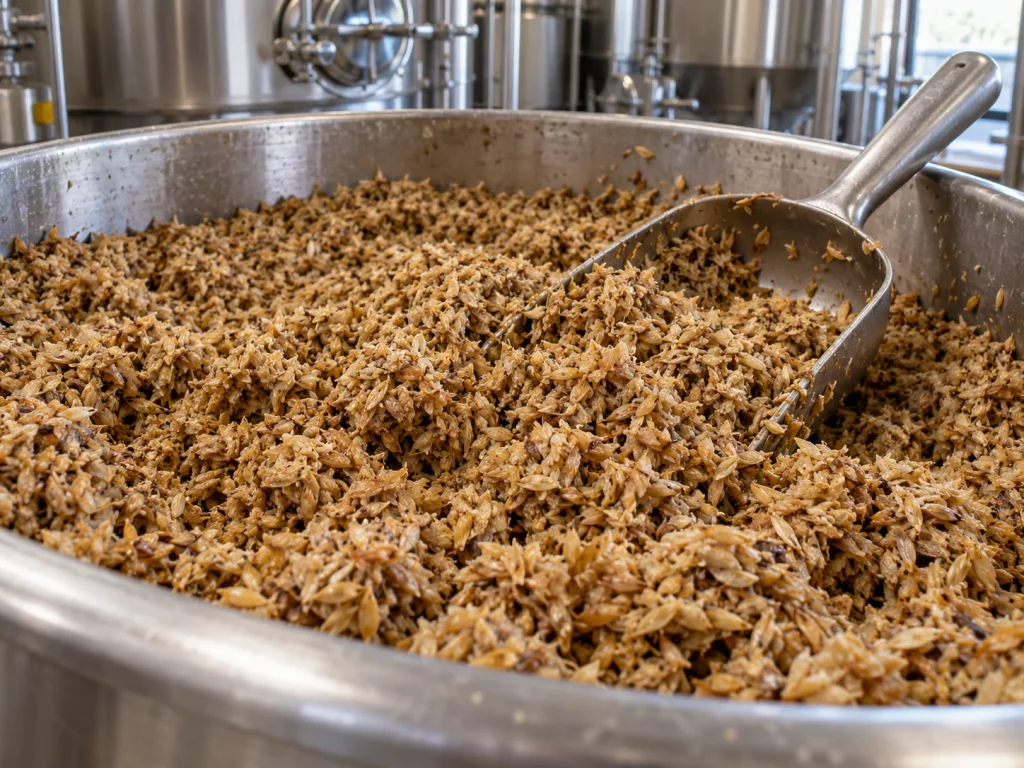 Illustration of moist spent barley grain in a stainless steel container with a scoop and brewery equipment behind it.