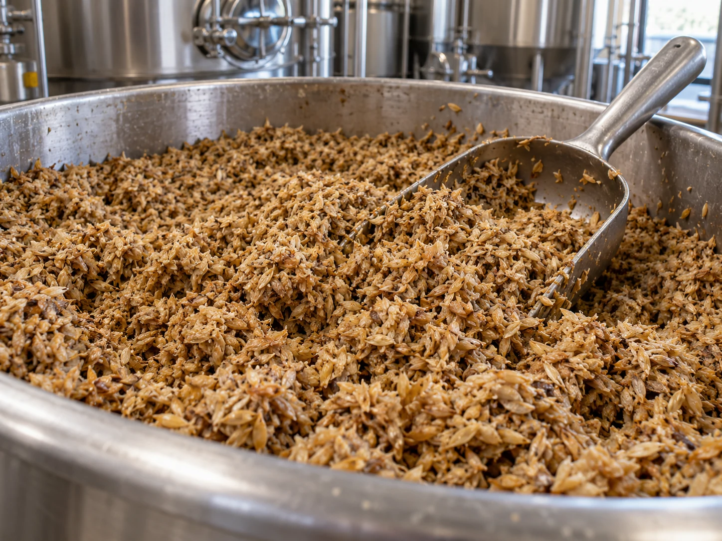Illustration of moist spent barley grain in a stainless steel container with a scoop and brewery equipment behind it.
