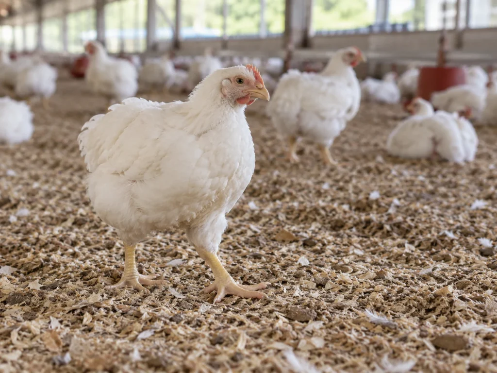 Illustration of a white meat chicken walking on dry litter inside a poultry house.
