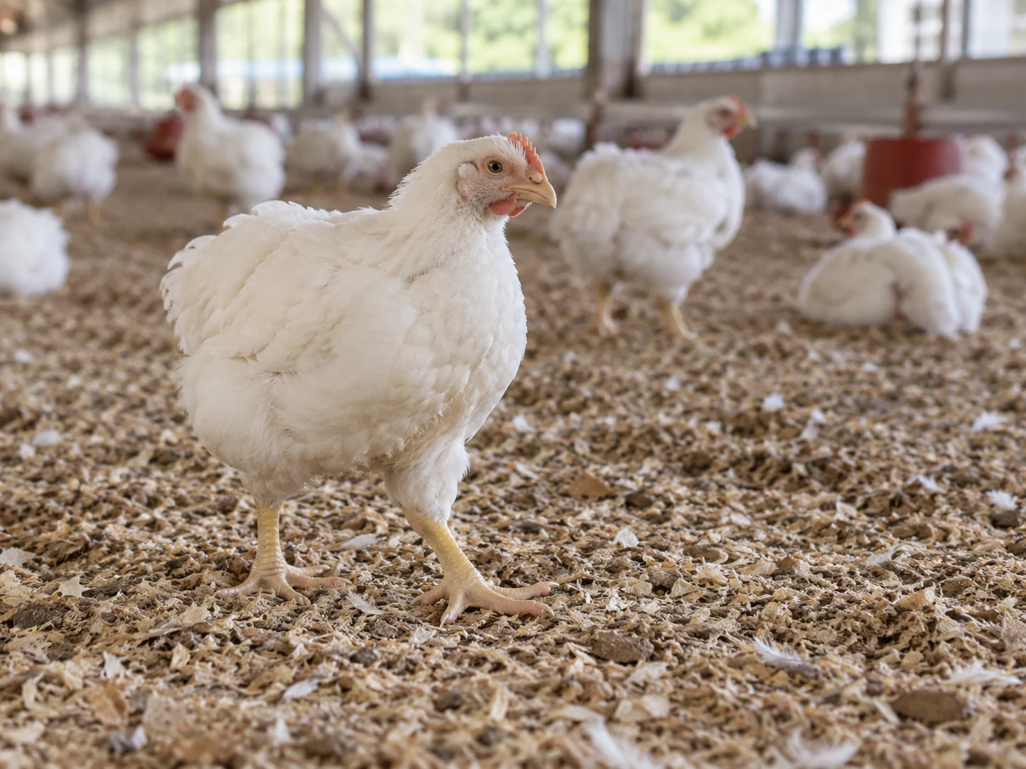 Illustration of a white meat chicken walking on dry litter inside a poultry house.