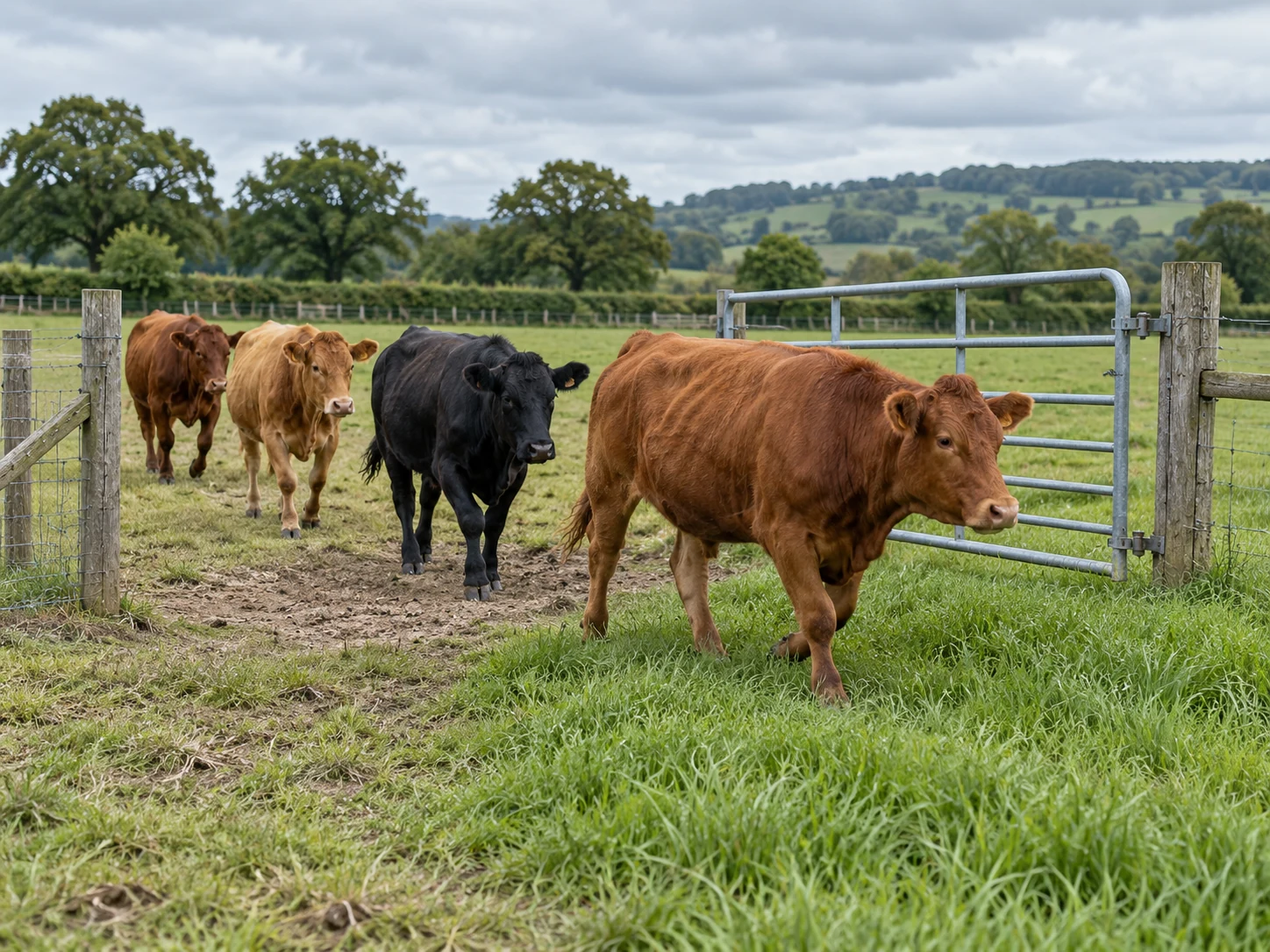 Illustrative scene of beef cattle walking through an open gate between two pasture paddocks.