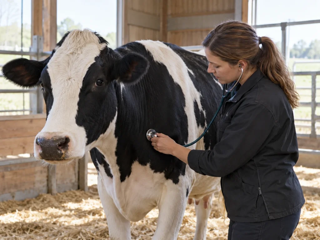 Illustration of a veterinarian examining a dairy cow with a stethoscope in a barn.