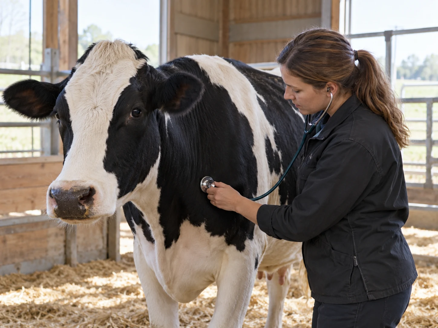Illustration of a veterinarian examining a dairy cow with a stethoscope in a barn.