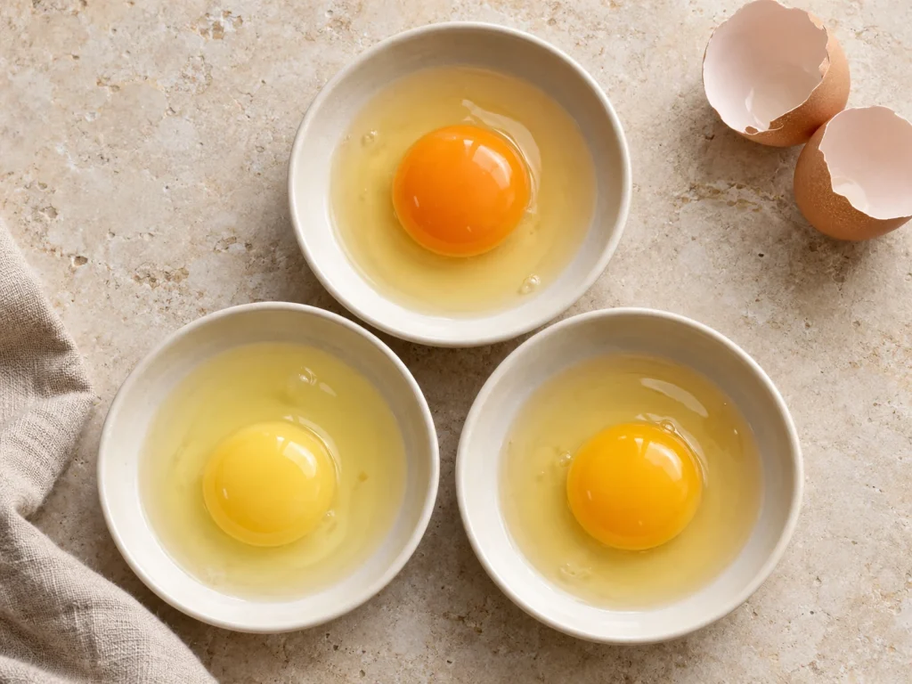 Illustration of three raw eggs with pale yellow, golden and orange yolks in separate ivory bowls.
