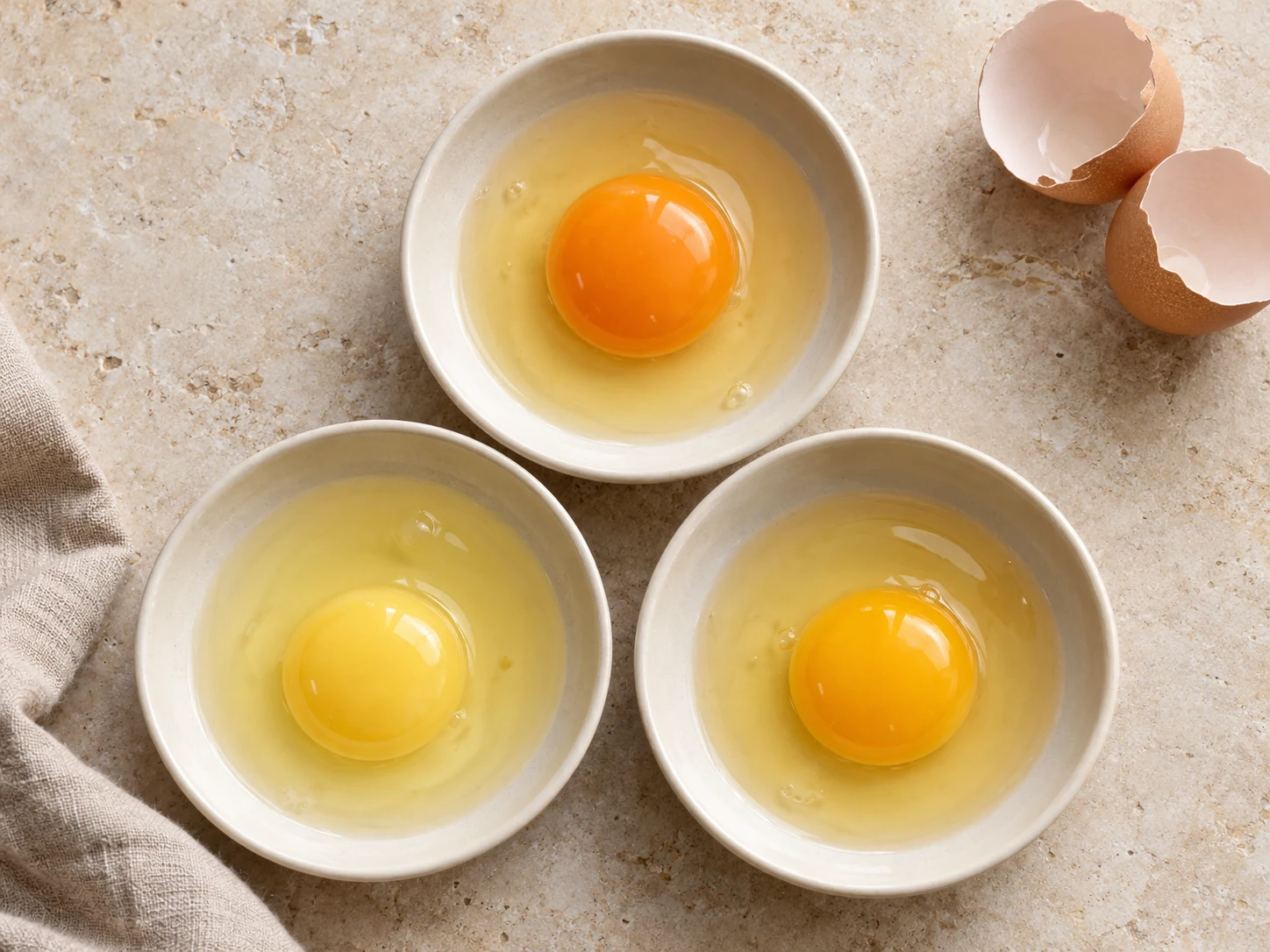Illustration of three raw eggs with pale yellow, golden and orange yolks in separate ivory bowls.