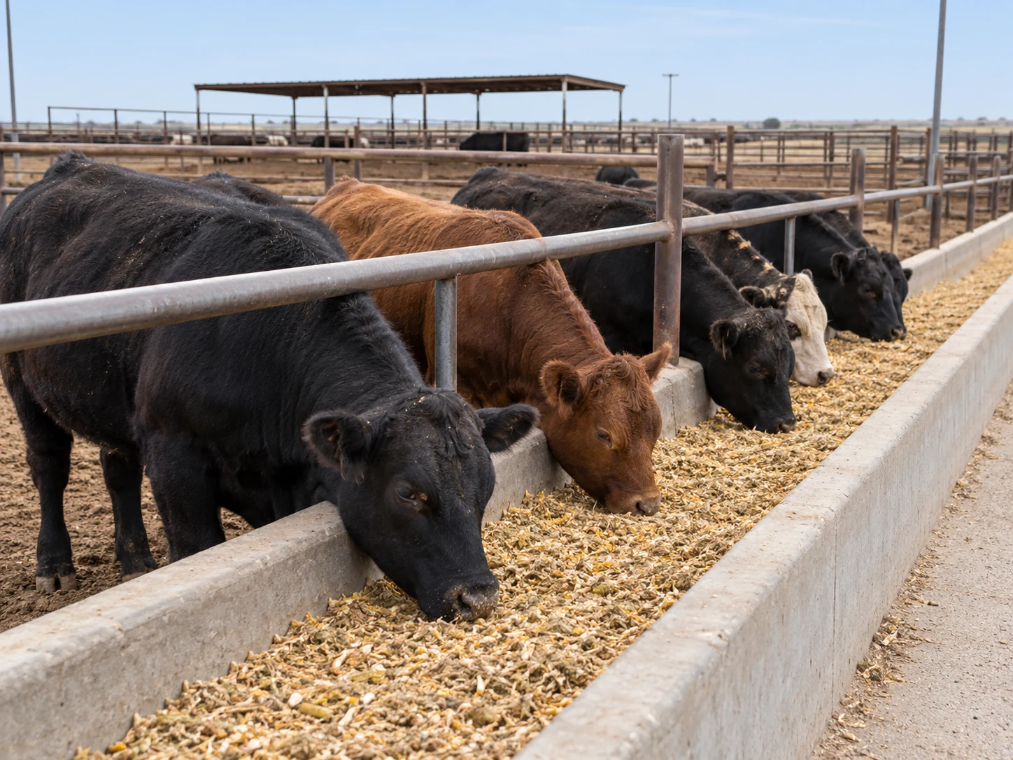 Illustration of beef cattle eating from a concrete feed bunk beside an open feedlot pen.