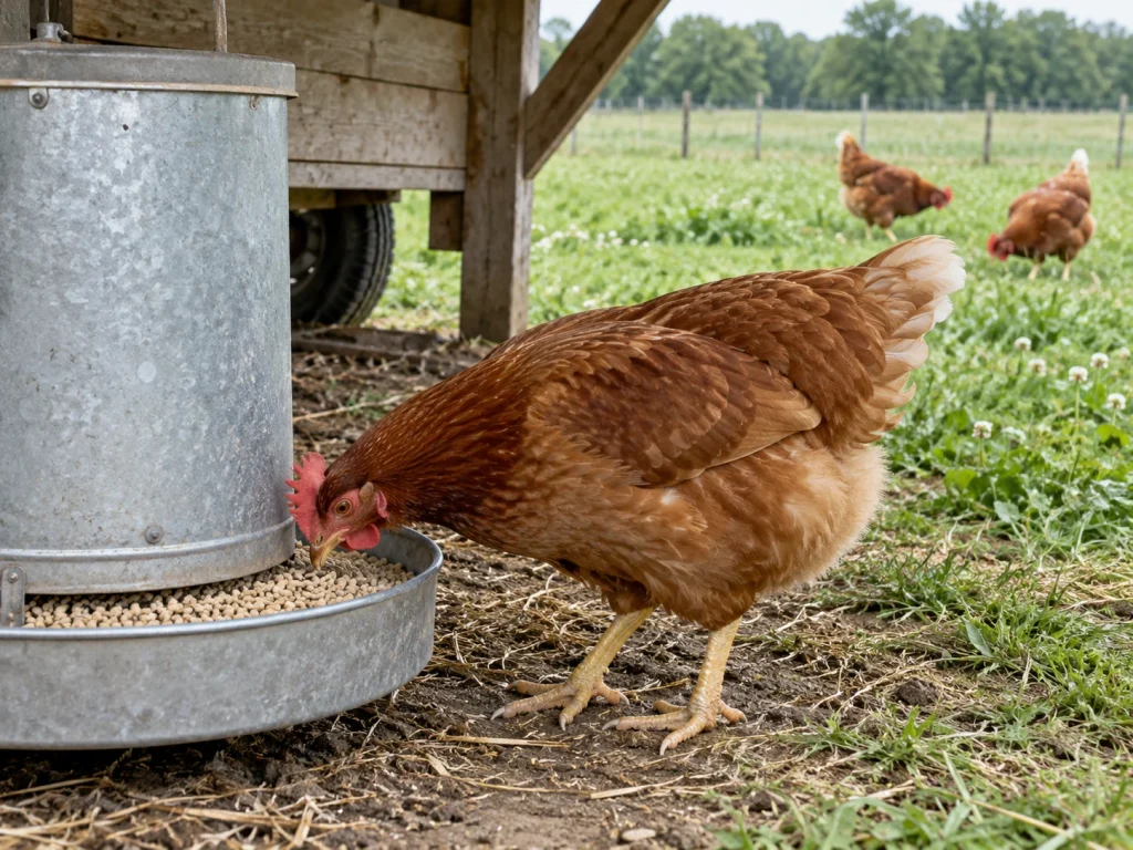 Illustration of a brown hen eating from a metal feeder beside a shelter, with two hens foraging on pasture behind her.