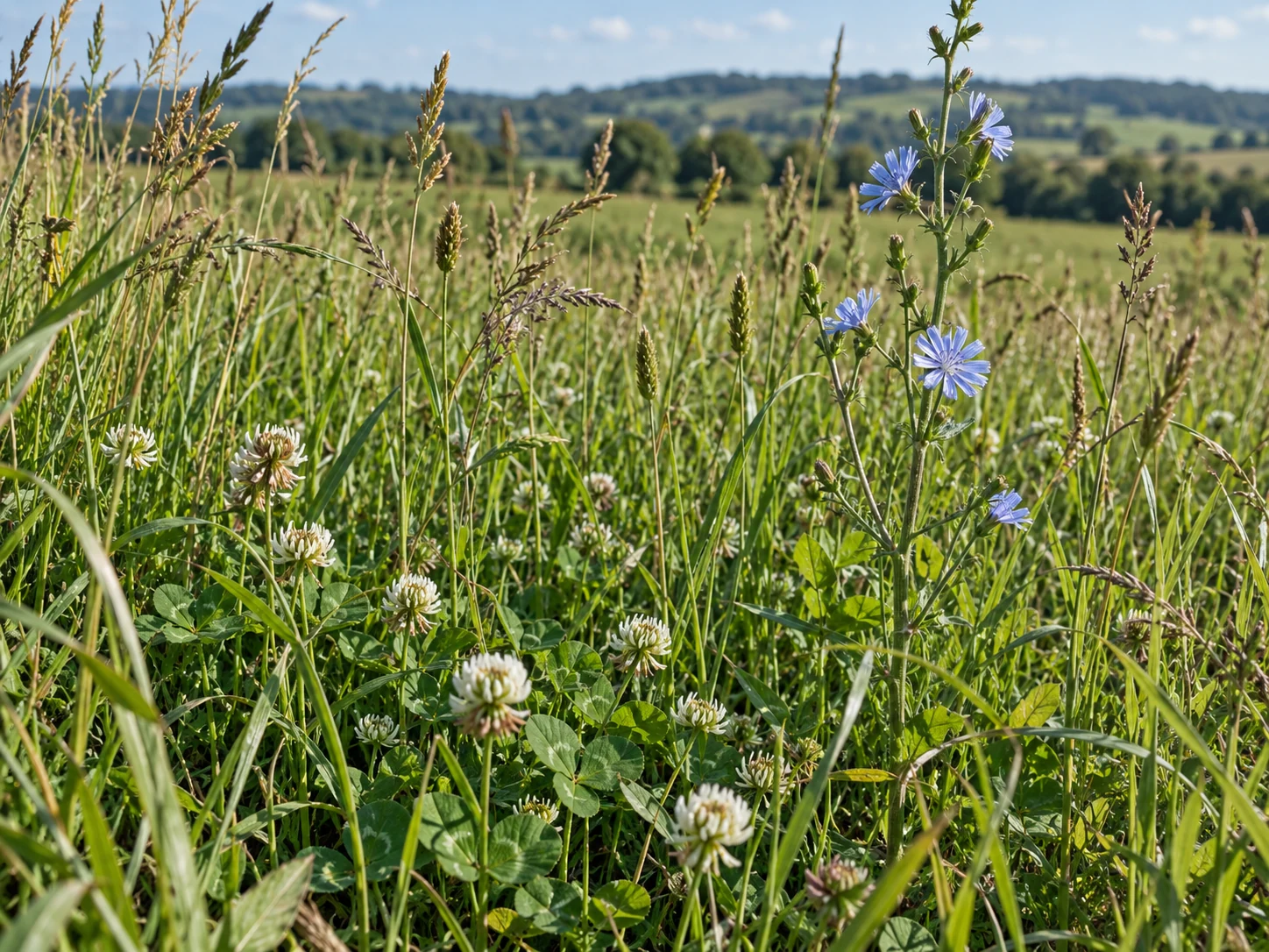 Illustrative close view of pasture grasses, low white clover flowers and taller blue chicory flowers.