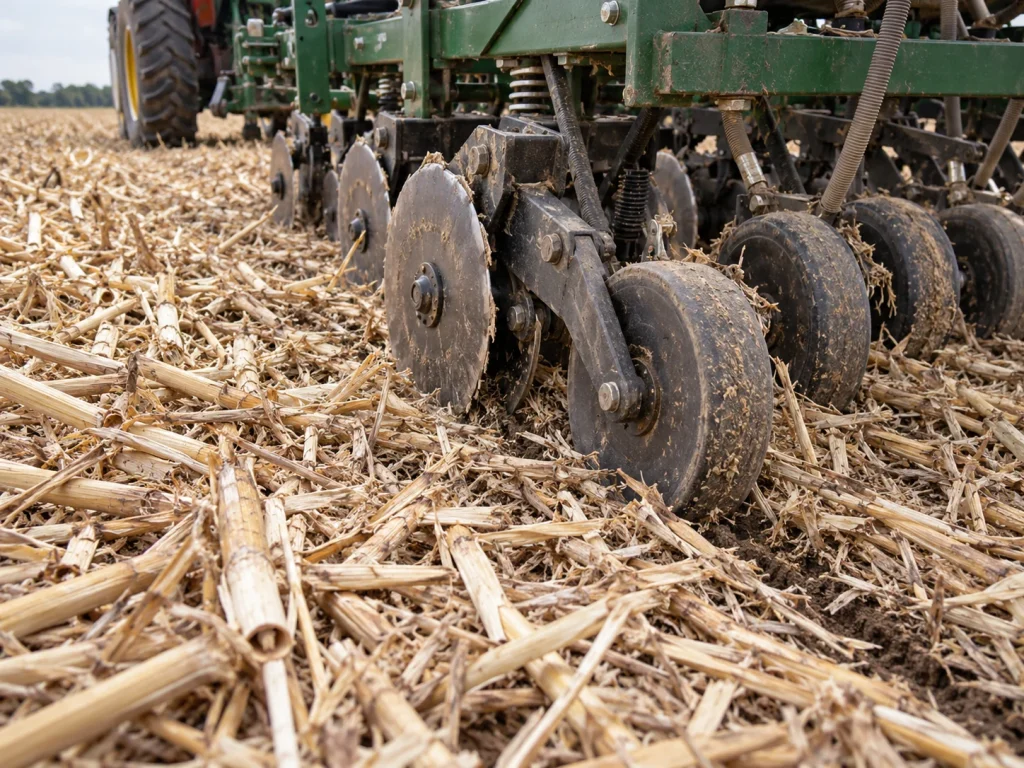 Illustrative close view of seed-drill discs and press wheels working through retained crop residue.