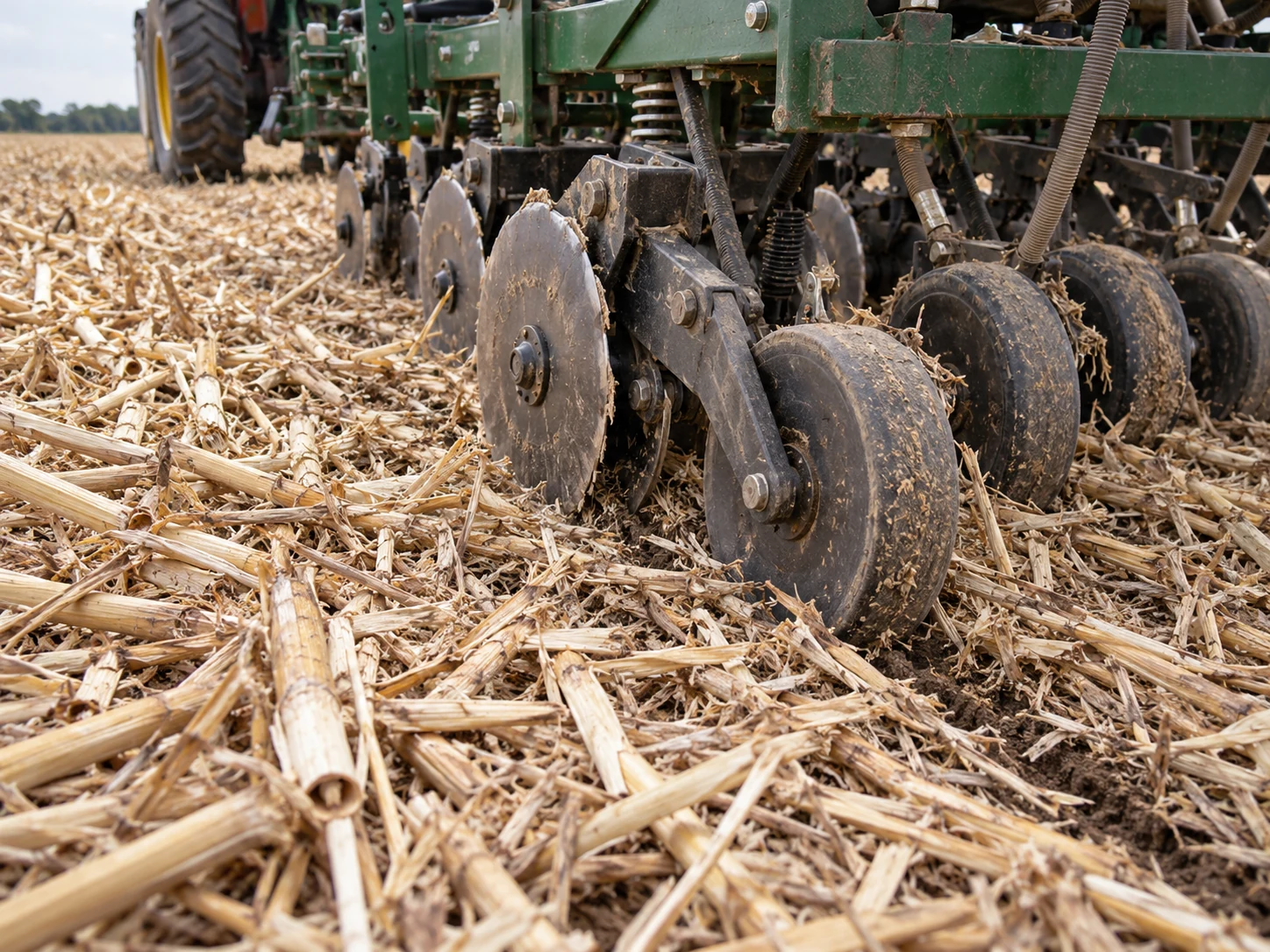 Illustrative close view of seed-drill discs and press wheels working through retained crop residue.