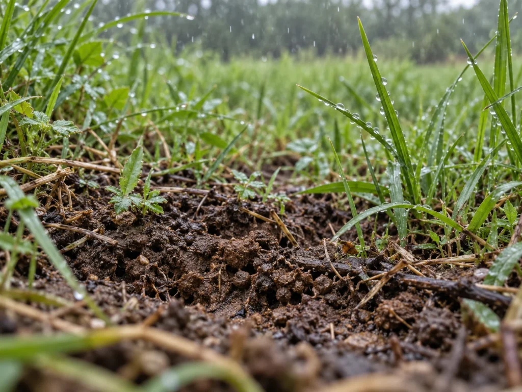 Illustrative close view of light rain on grasses, plant residue and damp soil crumbs.