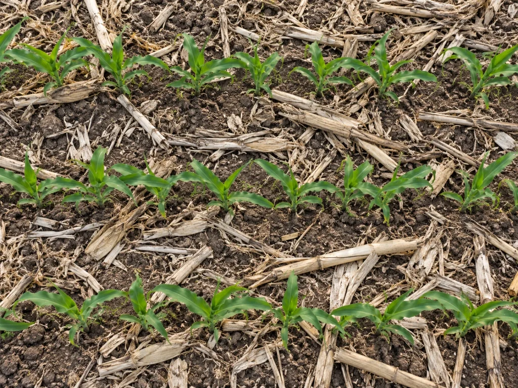 Illustrative overhead view of young corn seedlings growing through tan crop residue on soil.
