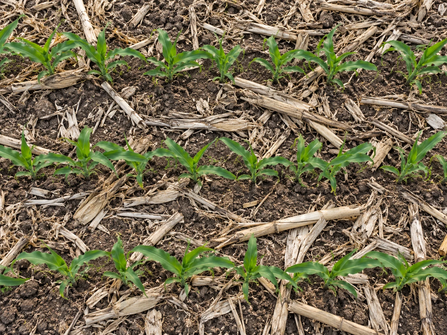 Illustrative overhead view of young corn seedlings growing through tan crop residue on soil.