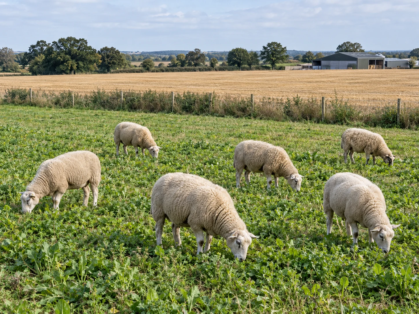 Illustrative scene of sheep grazing a green cover crop beside a harvested grain field.