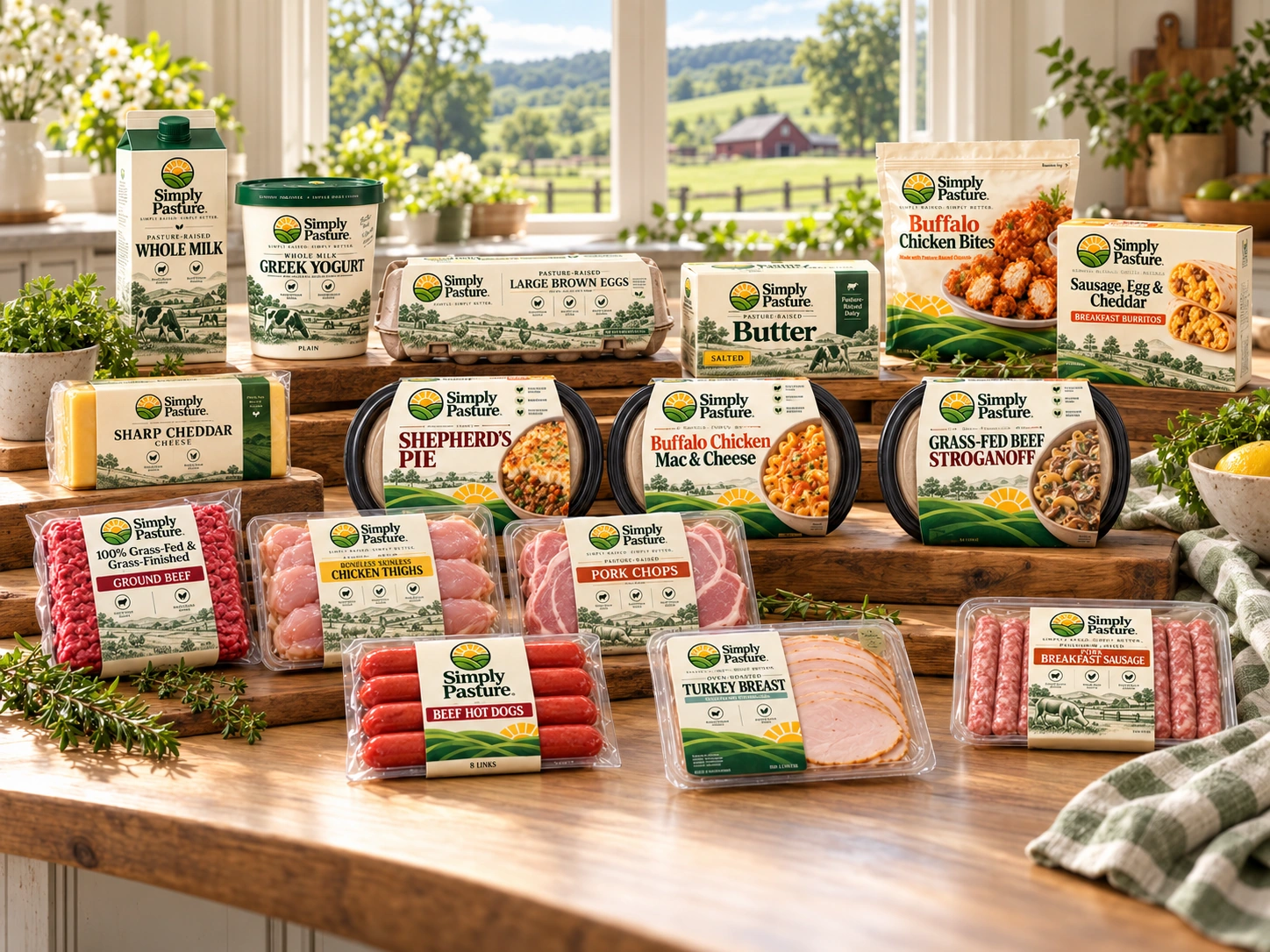 The Simply Pasture assortment, including fresh meat, eggs, dairy, deli, breakfast, snacks and prepared meals.